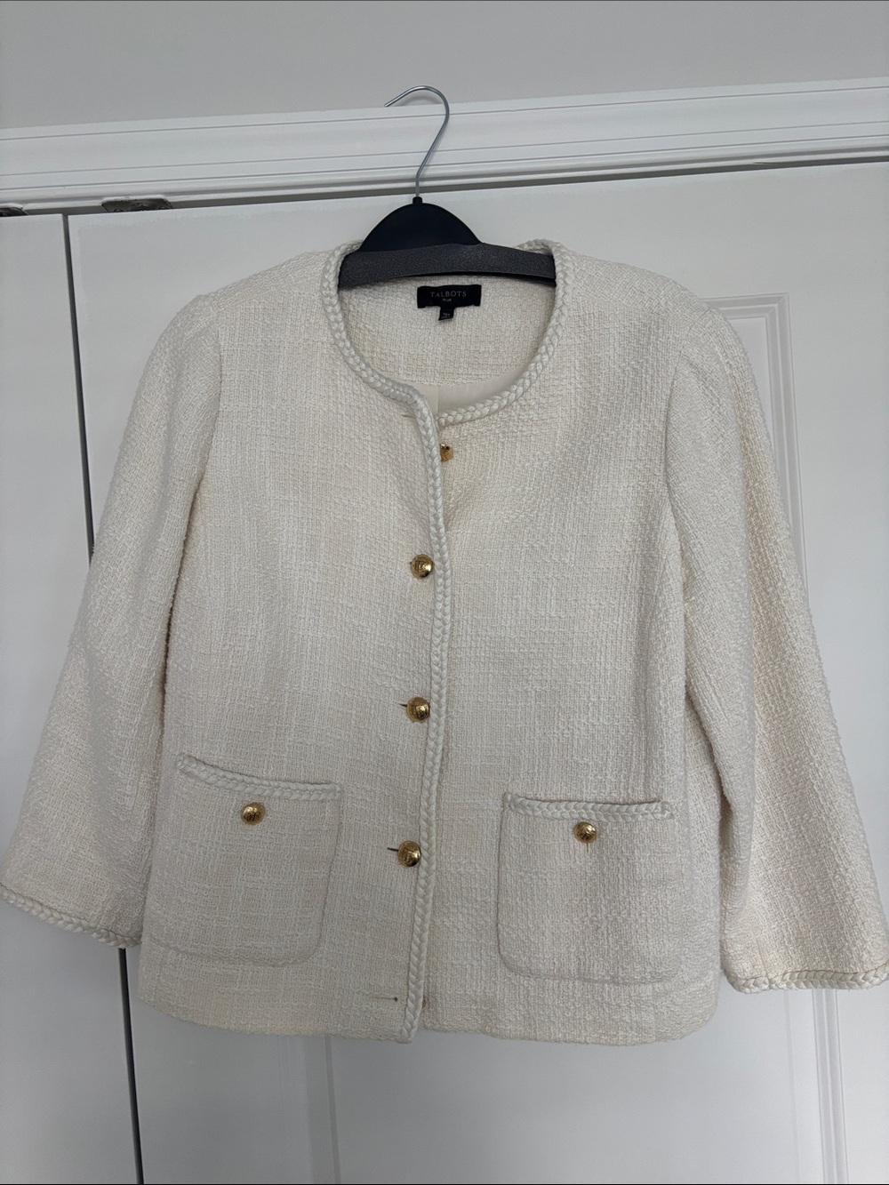 Talbots Cream Tweed Collarless Jacket with Gold-Tone Buttons